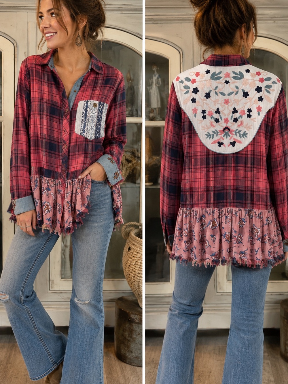John Mark Pink and Navy Plaid Shirt with Floral Hem